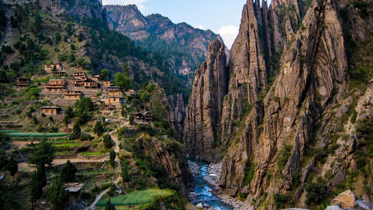 Traditional Kalash village houses in Rumbur Valley